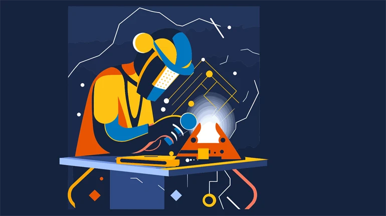 Illustration av en person som står och svetsar.