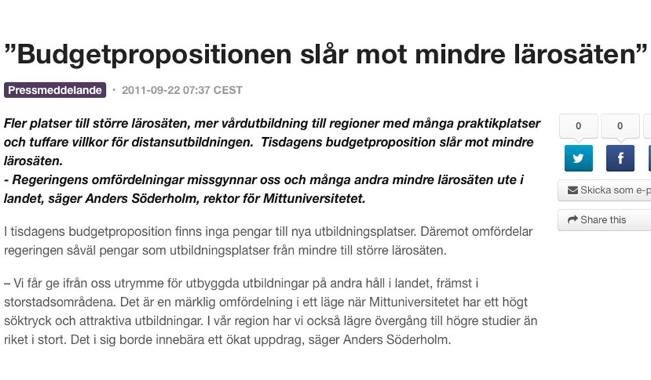 Mittuniversitetet har fler sökande än någonsin ändå beslutar regeringen att minska antalet utbildningsplatser i budgetpropositionen.