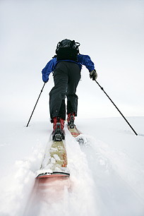 Rygg av skidåkare på väg uppför