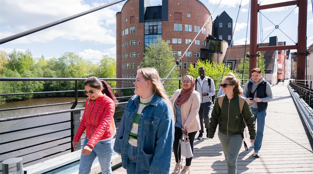 Kompisgäng som går på bron vid Campus Sundsvall.