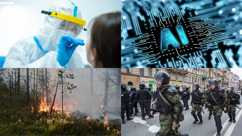 Collage of four images depicting a forest fire, soldiers marching in a street, a person in protective gear taking a corona test in the nose of another, and a computer screen with the text AI.