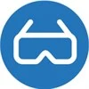 Blue circle with illustration in white of a pair of glasses.